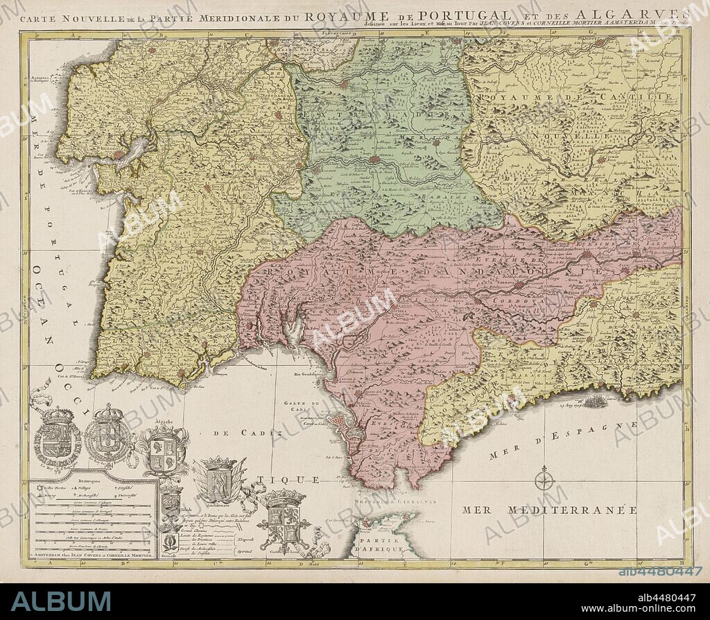 Map of the south of Spain and Portugal, Map with a part of Portugal and the Spanish south coast. Part (bottom left) of a large map of Spain and Portugal in four sheets, ca. 1703. Bottom left the legend and the arms of Spain and Portugal, connected with the arms of the Algarve (including the city arms of Toledo and Grenada), Andalusia and Castile and León, maps of separate countries or regions, flag, colors (as symbol of the state, etc.), Spain, Portugal, Jan Luyken (possibly), Amsterdam, 1720 - 1772, paper, etching, h 503 mm × w 600 mm.