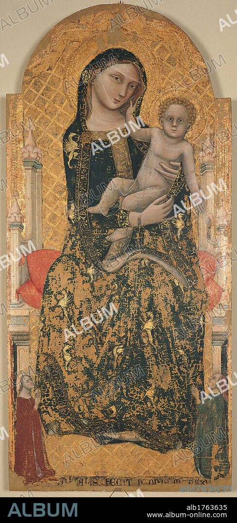 Madonna dei Denti (Madonna of the Teeth), by Vitale degli Equi known as Vitale da Bologna, 1345 about, 14th Century, tempera on panel,. Italy, Emilia Romagna, Bologna, Davia Bargellini Museum. All. Madonna throne Child Jesus mantle cloak blue gold.