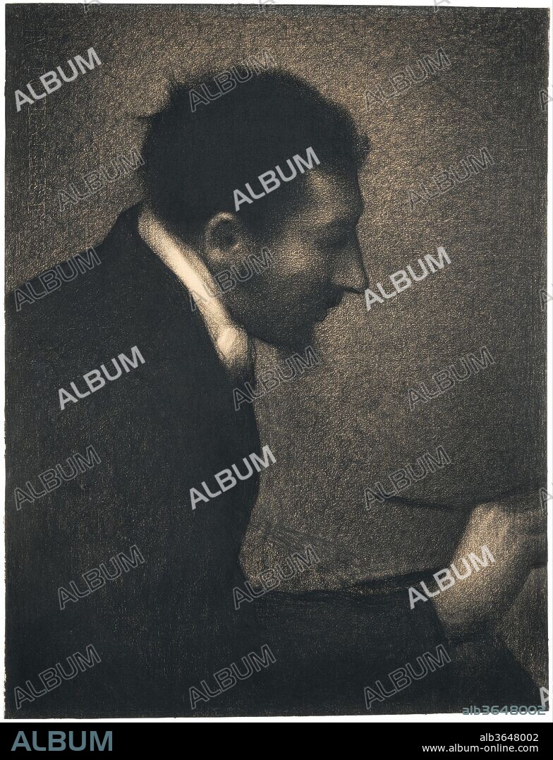 Aman-Jean (Portrait of Edmond François Aman-Jean). Artist: Georges Seurat (French, Paris 1859-1891 Paris). Dimensions: 24 1/2 × 18 11/16 in. (62.2 × 47.5 cm). Date: 1882-83.
Seurat's study of his friend the artist Aman-Jean (1860-1936) ranks as one of the great portrait drawings of the nineteenth century.  Aman-Jean and Seurat were both students at the École Municipale du Dessin and the École des Beaux-Arts in Paris; they shared a studio in 1879.  The drawing is not a preparatory study for a painting but a finished work.  Shown in the Paris Salon of 1883, it was the first work to be exhibited by the twenty-three-year-old artist.  Seurat's signature use of conté crayon on textured laid Michallet paper of high quality resulted in drawings with luminosity and tonal harmony, and the classic balanced pose of the artist in profile, focusing intently on his work, gives the image an enduring, timeless quality.