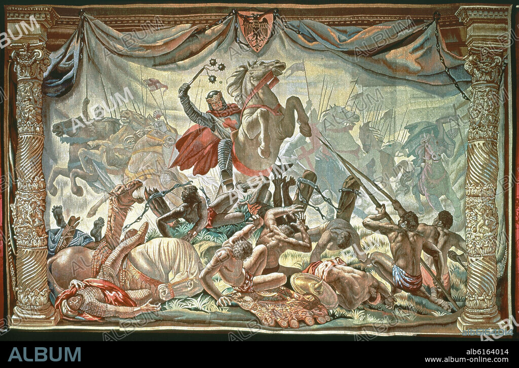 RAMON STOLZ VICIANO (1903/1958). BOCETO PARA EL TAPIZ DE SANCHO VII EL FUERTE EN LA BATALLA NAVAS DE TOLOSA ROMPIENDO LAS CADENAS QUE RODEAN EL CAMPAMENTO ALMOHADE.