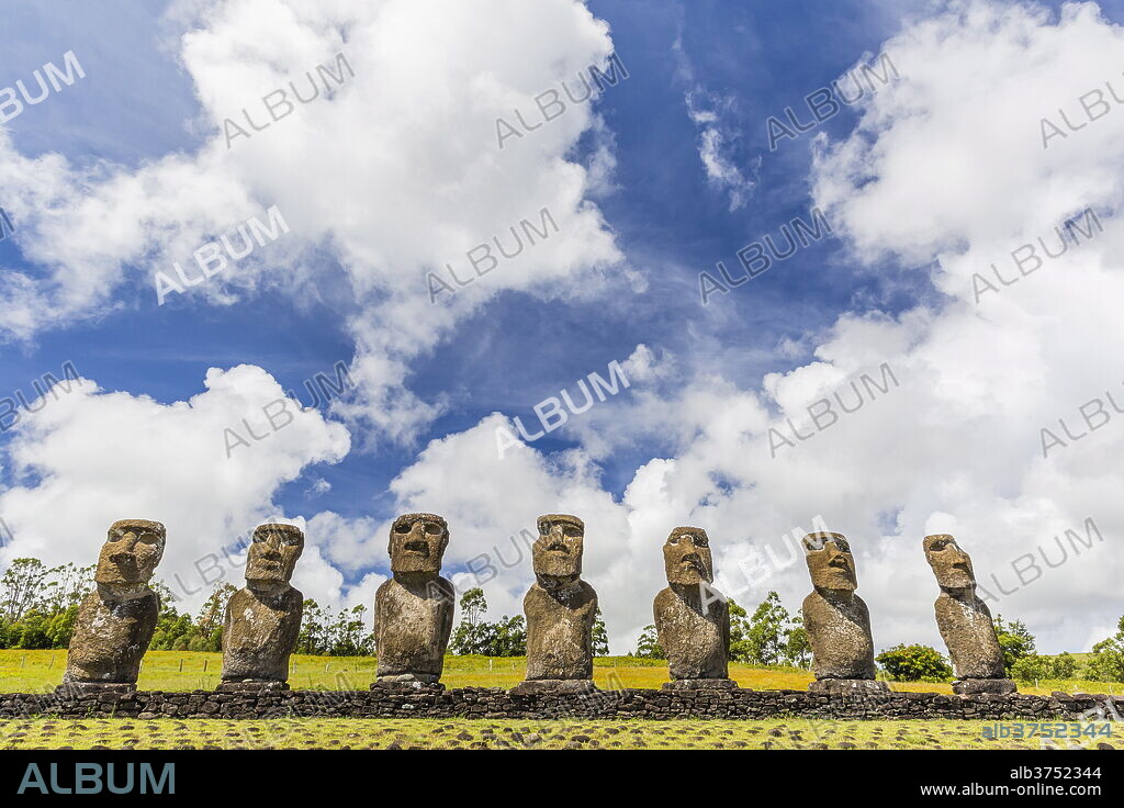 Seven Moai at Ahu Akivi, the first restored altar, Rapa Nui National Park, UNESCO World Heritage Site, Easter Island (Isla de Pascua), Chile, South America.