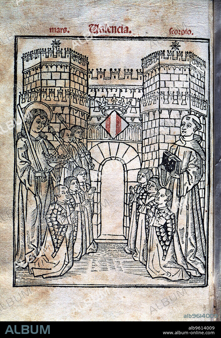 Cover of the edition printed in 1499 'Regiment de la Cosa Pública' (Regime of Public Affairs) with Francesc Eiximenis and Juries of Valencia City, written in 1383 by Eixemenis, engraving.