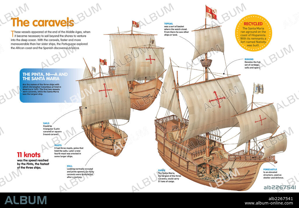 Las carabelas. Infografía de las tres carabelas (La Pinta, La Niña y la Santa María) con las que Cristóbal Colón emprendió el viaje hacia América.