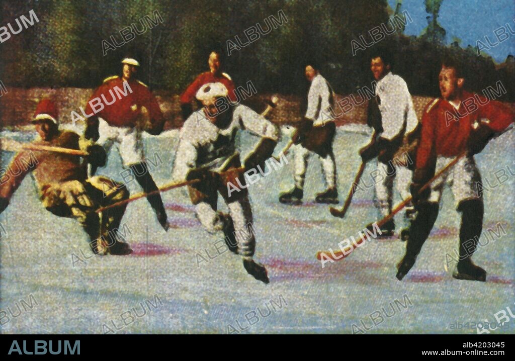 Canadian ice hockey team, 1928. Canada won gold medal at the 1928 Winter Olympics, held at St Moritz in Switzerland. From "Die Welt in Bildern", (The World in Pictures), cigarette card album, c1928. [Georg A Jasmatzi, A.-G., Dresden, Germany].