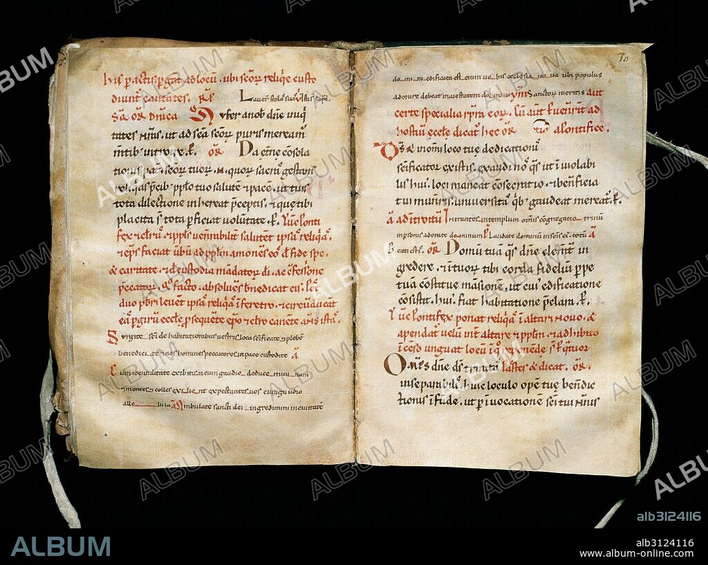 Pontifical of Vic. Parchment manuscript dated in the firts half of the 12th century, from the scriptorium of the Cathedral of Vic. Carolingian lower case. Rubric red letters and simple initials. Episcopal Museum of Vic. Catalonia. Spain.