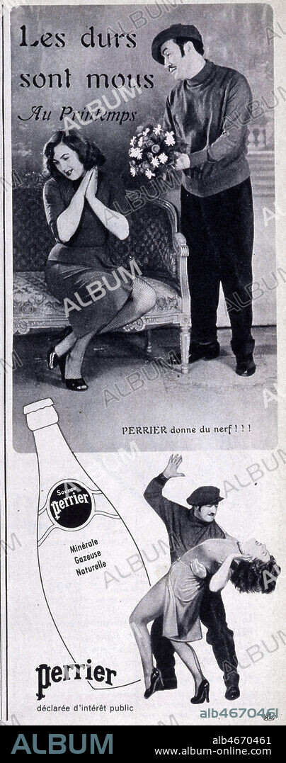 'Les durs sont mous au printemps (l'homme offre des fleurs a sa femme ) - Perrier donne du nerf ! (l'homme tape sur sa femme) '. Publicite PERRIER de 1954 mettant en scene un homme violent et sa femme. Credit : Collection KHARBINE-TAPABOR.