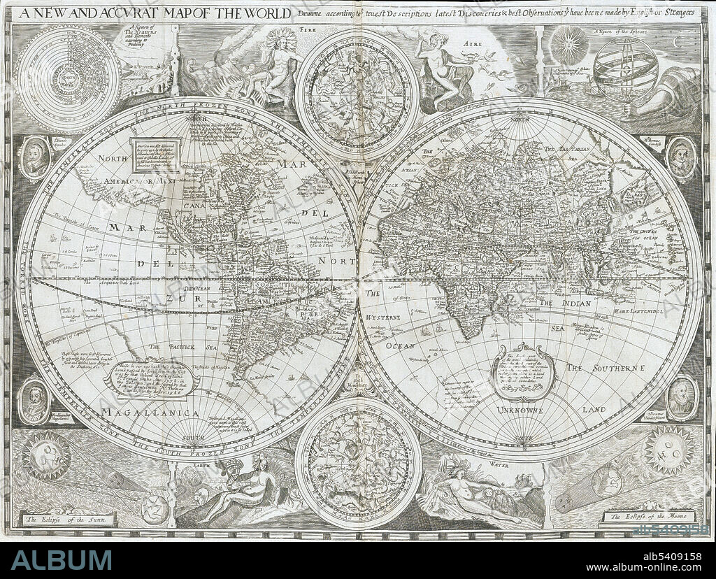 Map of the world from the Early printed book entitled Britain, or a chorographical description of the most flourishing kingdoms, England, Scotland, and Ireland, and the lands adjoining, out of the depth of antiquity  beautified with maps of the several Shires of England written by William Camden. William Camden (May 2, 1551 - November 9, 1623) was an English antiquarian, historian, and topographer. In 1577, with the encouragement of Abraham Ortelius, Camden began his great work Britannia a county-by-county description of Great Britain and Ireland. It is a work of chorography: a study that relates landscape, geography, antiquarianism, and history. Rather than write a history, Camden wanted to describe in detail the Great Britain of the present, and to show how the traces of the past could be discerned in the existing landscape. By this method, he produced the first coherent picture of Roman Britain. His fieldwork and firsthand research set new standards for the time. He even learned Welsh and Old English for the task. The first edition, written in Latin, was published in 1586.