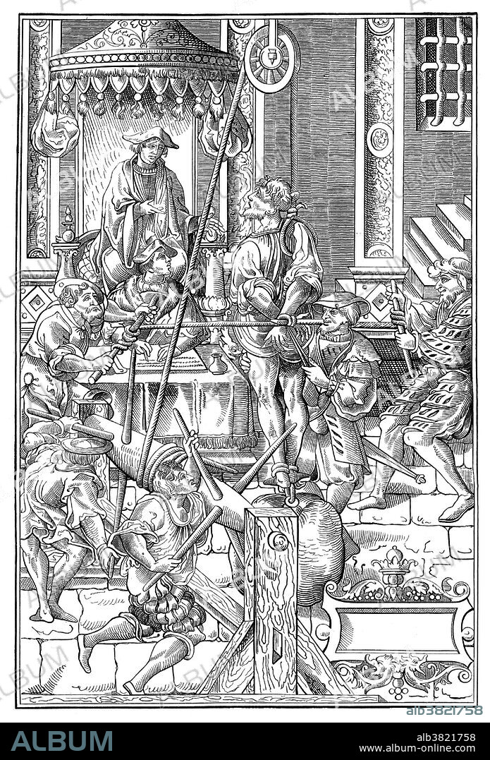 The strappado is a form of torture wherein the victim has his or her arms tied behind their back; a large rope is then tied to the wrists and passed over a pulley, beam, or a hook on the roof. The torturer pulls on this rope until the victim is hanging from the arms. Since the hands are tied behind the victim's back, this will cause a very intense pain and possible dislocation of the arms. The full weight of the subject's body is then supported by the extended and internally rotated shoulder sockets. While the technique shows no external injuries, it can cause long-term nerve, ligament, or tendon damage. The technique typically causes brachial plexus injury, leading to paralysis or loss of sensation in the arms. Weights may be added to the body to intensify the effect and increase the pain. This kind of torture would generally not last more than an hour, without rest, as it would likely result in death. Other names for strappado include; reverse hanging, Palestinian hanging and il tormento della corda. Historically, it was used by the medieval Inquisition and many governments. Woodcut from "The Criminal Procedure" (Praxis Criminus Persequendi), 1541.