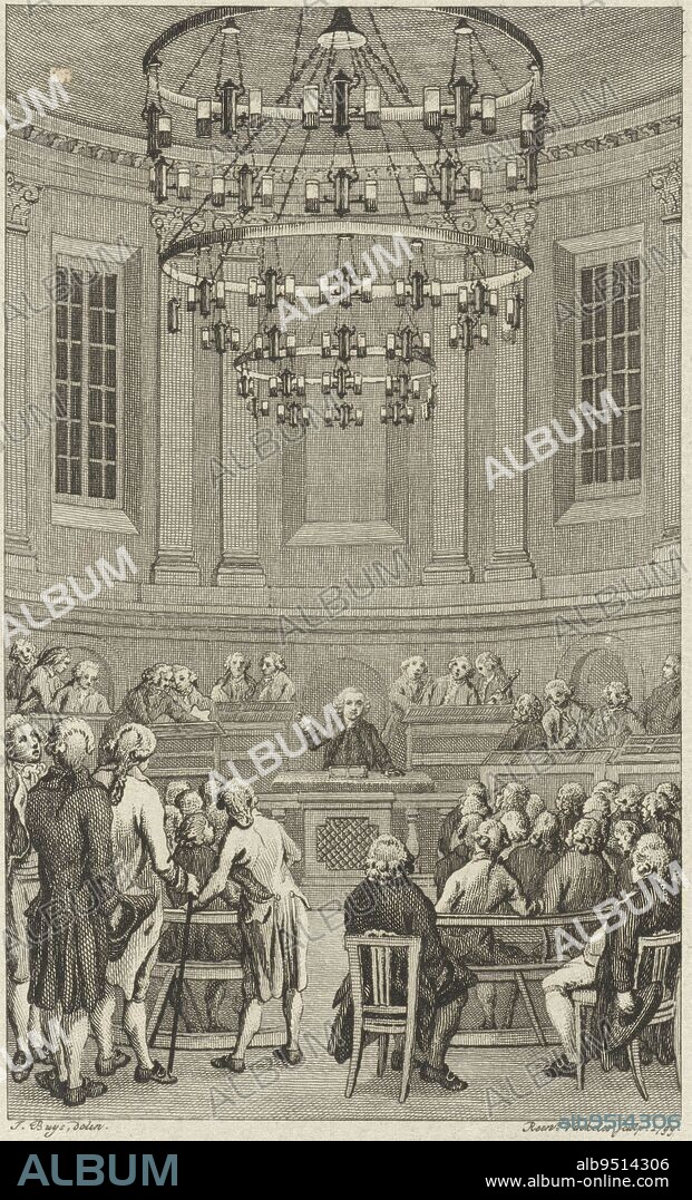 Dedication of Felix Meritis, 1788, Reinier Vinkeles (I), after Jacobus Buys, 1799, Dedication of the building of the society Felix Meritis in Amsterdam, 31 October 1788. Professor Jan Hendrik van Swinden speaking in the Concert Hall., print maker: Reinier Vinkeles (I), (mentioned on object), intermediary draughtsman: Jacobus Buys, (mentioned on object), Amsterdam, 1799, paper, etching, engraving, h 230 mm × w 155 mm.