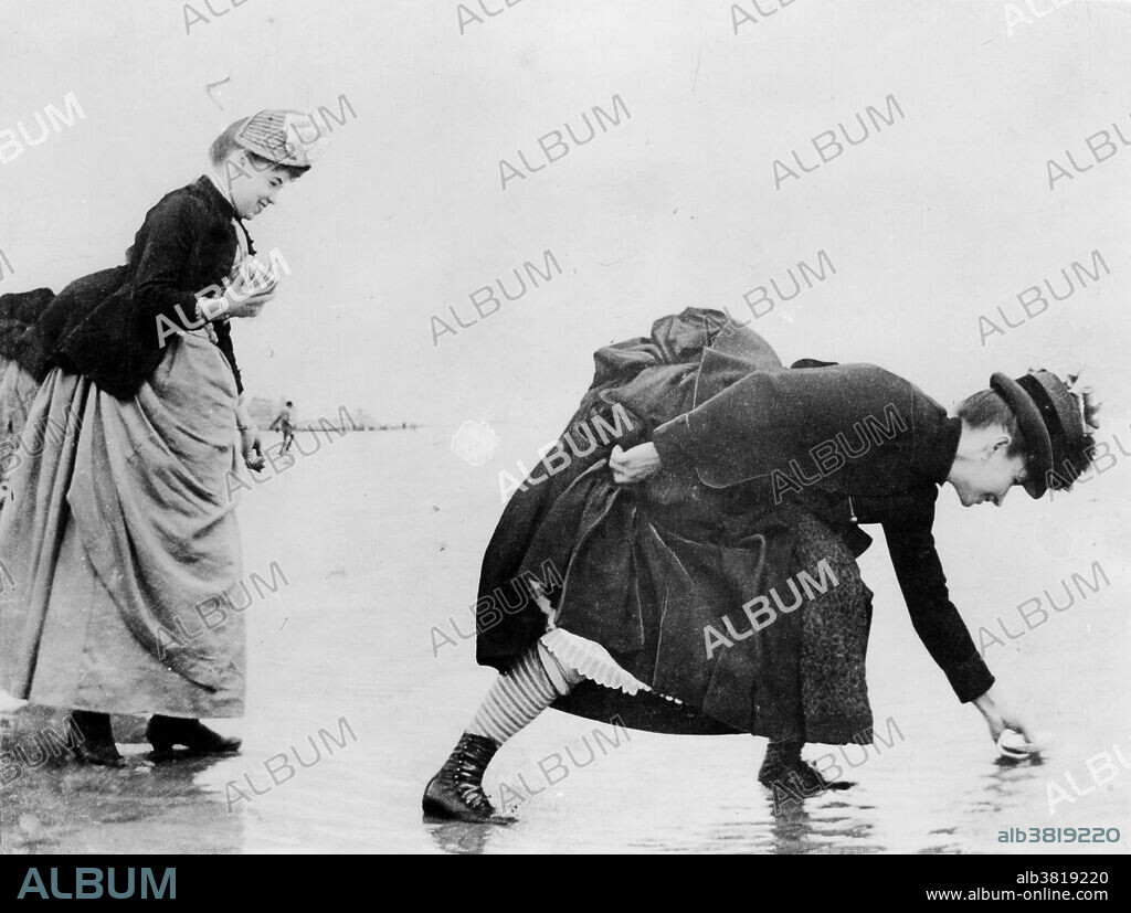 Victorian ladies on the beach. Victorian fashion comprises the various fashions and trends in British culture that emerged and developed in the United Kingdom and the British Empire throughout the Victorian era, roughly 1830s to 1900s. The period saw many changes in fashion, including changes in clothing, architecture, literature, and the decorative and visual arts. In the 1860s, the skirts became flatter at the front and projected out more behind the woman. Day dresses had wide pagoda sleeves and high necklines with lace or tatted collars. Evening dresses had low necklines and short sleeves, and were worn with short gloves, fingerless lace or crocheted mitts. In the 1870s, un-corseted tea gowns were introduced for informal entertaining at home and steadily grew in popularity. Bustles were used to replace the crinoline to hold the skirts up behind the woman, even for "seaside dresses". The fad of hoop skirts had faded and women strived for a slimmer style.