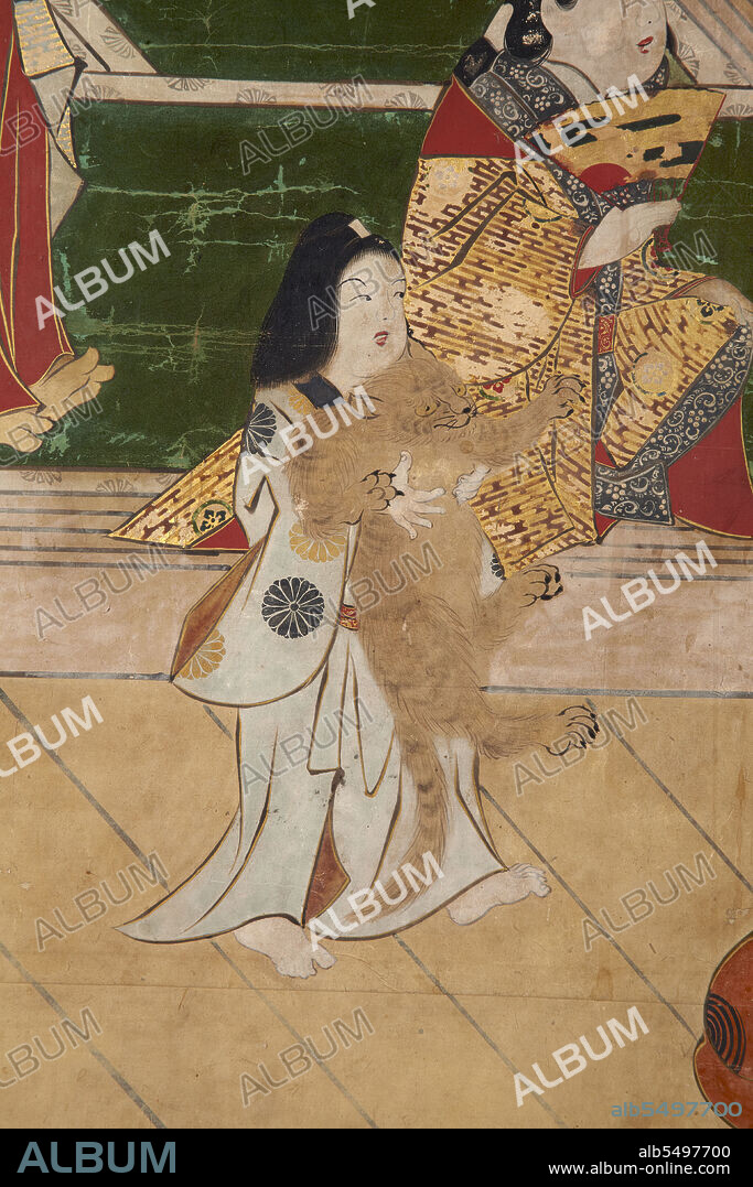 Six-fold screen depicting acrobats performing before a rich household, early - mid-17th century. Dimensions: open 158.6 x 369.2 x 2 cm (height x width x depth) ; closed 158.6 x 62.3 x 11.8 cm (height x width x depth).