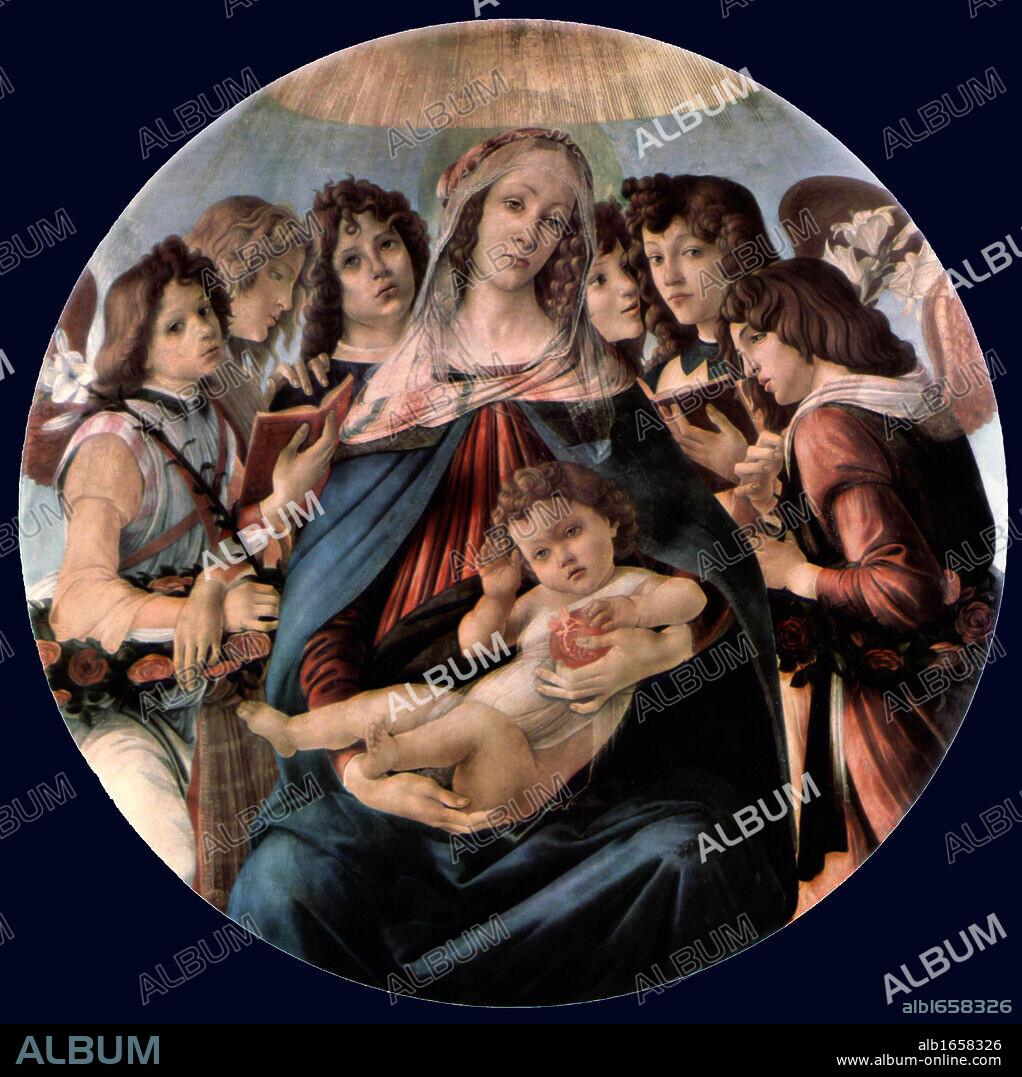 Sandro Botticelli (c. 1445 - 1510) Italian painter of the Florentine school during the Early Renaissance, 'Madonna and child 'Madonna and Child with Eight Angels 1478: Tempera on panel: Staatliche Museen Preubischer Kulturbesitz Gemaldegalerie, Berlin, Germany.