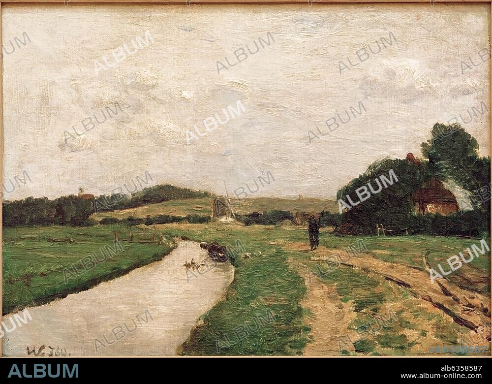 OTTO MODERSOHN. Modersohn, Otto. 1865-1943. "Hammewiesen mit Weyerberg", um 1889. Öl auf Leinwand, 33,5 × 46,5 cm.