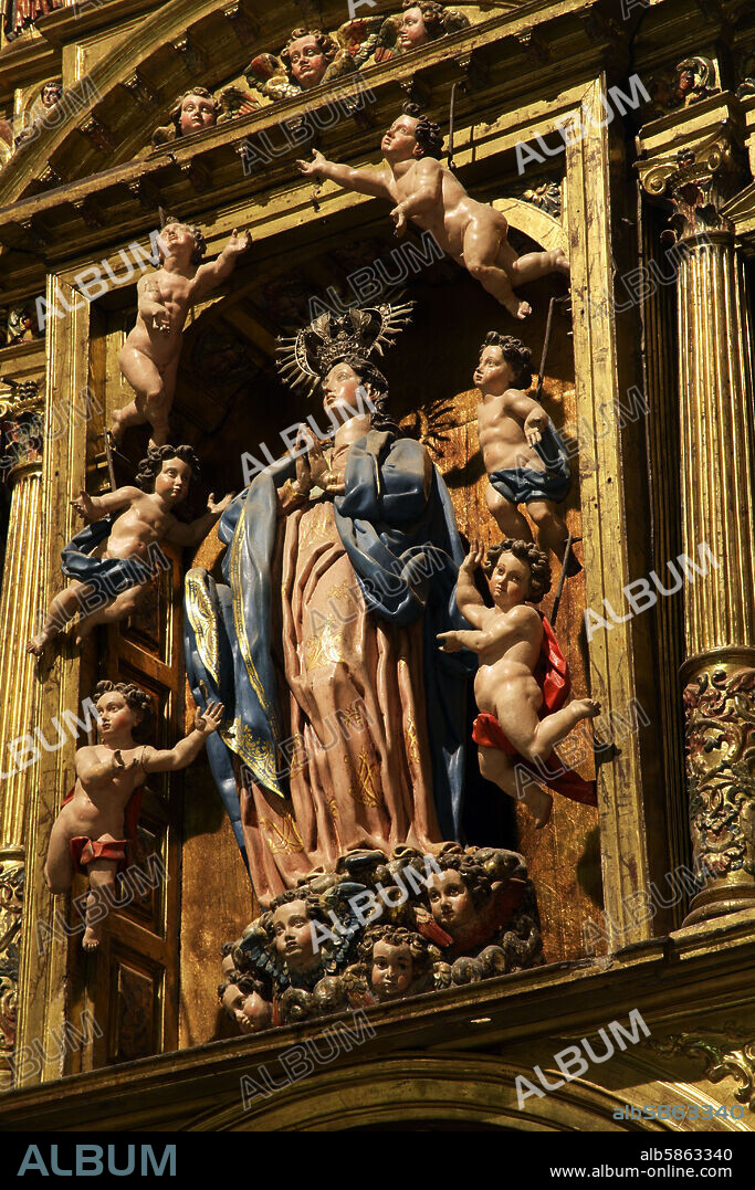 Oyón / Oion; Iglesia de Santa María de la Asuncuión; retablo mayor renacentista de Pedro Jimenez y Juan Bascardo; detalle central con virgen.