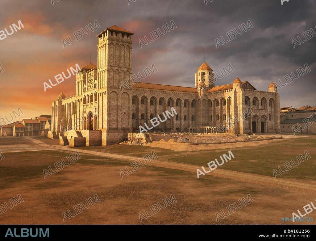 Catedral de Santiago de Compostela. Reconstrucción de la fase inicial de la catedral románica de Santiago de Compostela, después de una primera remodelación y antes de la construcción de su claustro.
