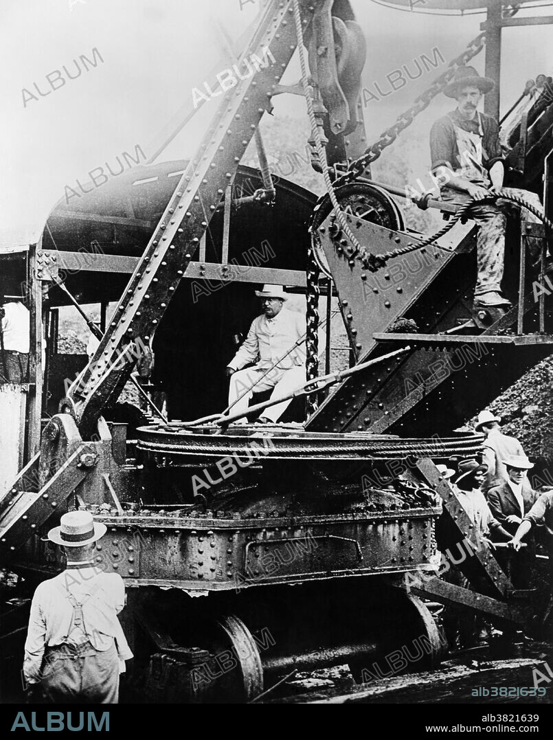 Theodore Roosevelt inspecting the construction of the Panama Canal in 1906. Theodore "Teddy" Roosevelt (October 27, 1858 - January 6, 1919) was the 26th President of the United States (1901-1909). He is noted for his exuberant personality, range of interests and achievements, and his leadership of the Progressive Movement, as well as his "cowboy" persona and robust masculinity. He was a leader of the Republican Party and founder of the short-lived Progressive (Bull Moose) Party of 1912. Before becoming President, he held offices at the city, state, and federal levels. Roosevelt's achievements as a naturalist, explorer, hunter, author, and soldier are as much a part of his fame as any office he held as a politician. He was 42 years old when sworn in as President of the United States in 1901, making him the youngest president ever. He was also the first of only three sitting presidents to have won the Nobel Peace Prize. After leaving the White House he led a major expedition to the Amazon jungles but contracted diseases which ruined his health. He died in 1919, at the age of 60, unexpectedly in his sleep from a blood clot. Roosevelt has consistently been ranked by scholars as one of the greatest U.S. Presidents. His notable accomplishments include trust busting and conservationism. His face, alongside three other U.S. presidents, is carved in the granite rock of Mount Rushmore in the Black Hills of South Dakota.