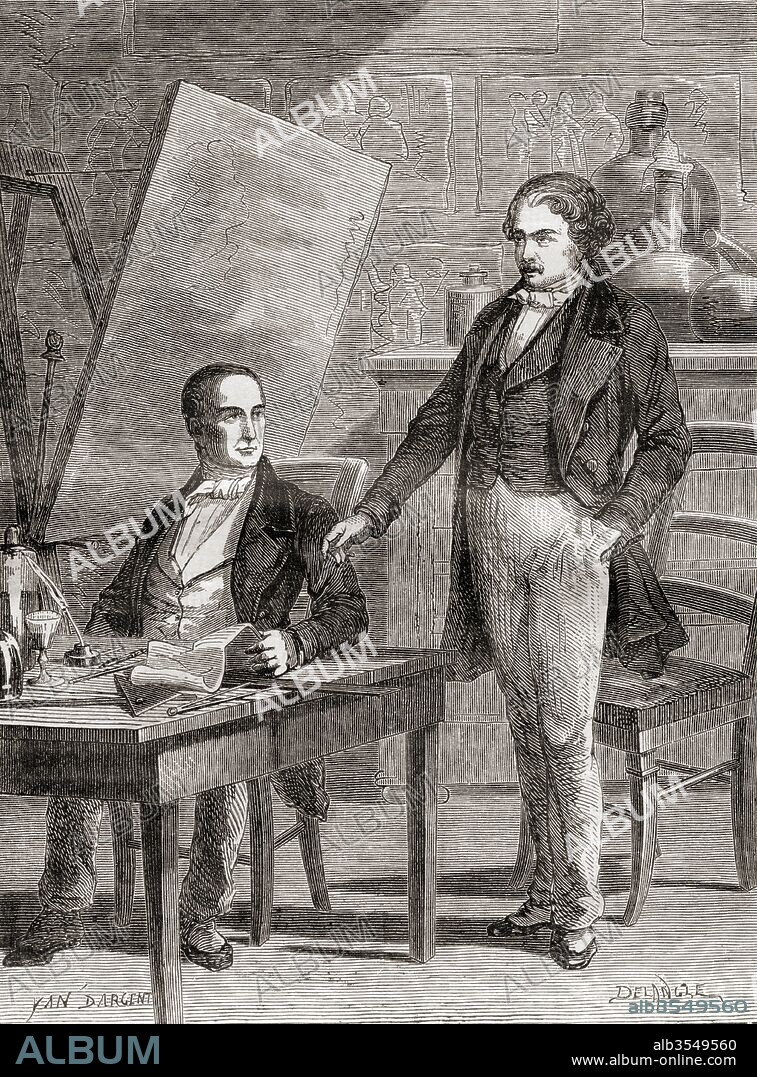 Nicéphore Niépce, born Joseph Niépce,1765 – 1833. French inventor of photography, left and Louis-Jacques-Mandé Daguerre, 1787 – 1851. French artist and photographer, recognized for his invention of the daguerreotype process of photography, right, working together in the late 19th century. From Les Merveilles de la Science, published c.1870.