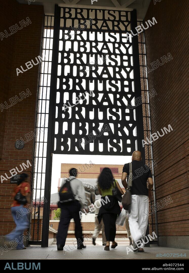 BRITISH LIBRARY IMAGING SERVICES. Portico. London. Portico, the principal public entrance to the British Library at St. Pancras, London. Photograph taken by a British Library photographer in 2007. Gates designed by David Kindersley.