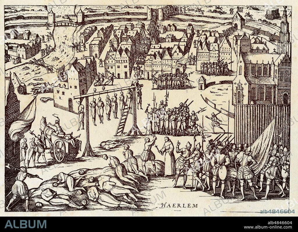 INQUISITION mass execution of citizens of Haarlem accused of being disciples of the devil, under the rule of Fernando Alvarez of Toledo (29 October 1507 - 11 December 1582), charged by Philip II to bring the United Provinces back to Catholicism. Fernando's son, Fadrique Álvarez de Toledo, conquered the city for this purpose with the siege of 1573. The ferocious determination of the third Duke of Alba, governor of the Spanish Netherlands, earned him the nickname of Duke of the Dutch Protestants. Iron and butcher from Flanders. Illustration by 'De Leone Belgico' of the Austrian historian and cartographer Michael Aitsinger (c.1530 - 1598), Germany XVIth century.