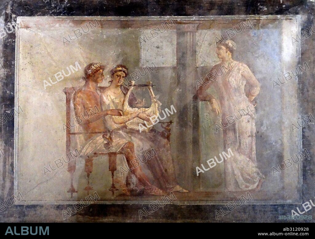 Roman fresco of a woman playing the lyre, 50 -79 AD;  From Pompeii. Woman playing the kithara (a type of lyre) sits with her lover who gazes at her.