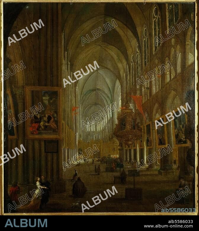 Paris, Cathédrale Notre-Dame. - "La nef de Notre-Dame au XVIIe siècle". (Intérieur vers 1650 : dans la nef sont accrochés les "Mays", tableaux à grands formats offerts chaque année de 1630 à 1707 par la Corporation des orfèvres). Peinture, école hollandaise, milieu du XVIIe siècle, h / t, H. 0,908 ; L. 0,828. Paris, Musée de Notre-Dame.