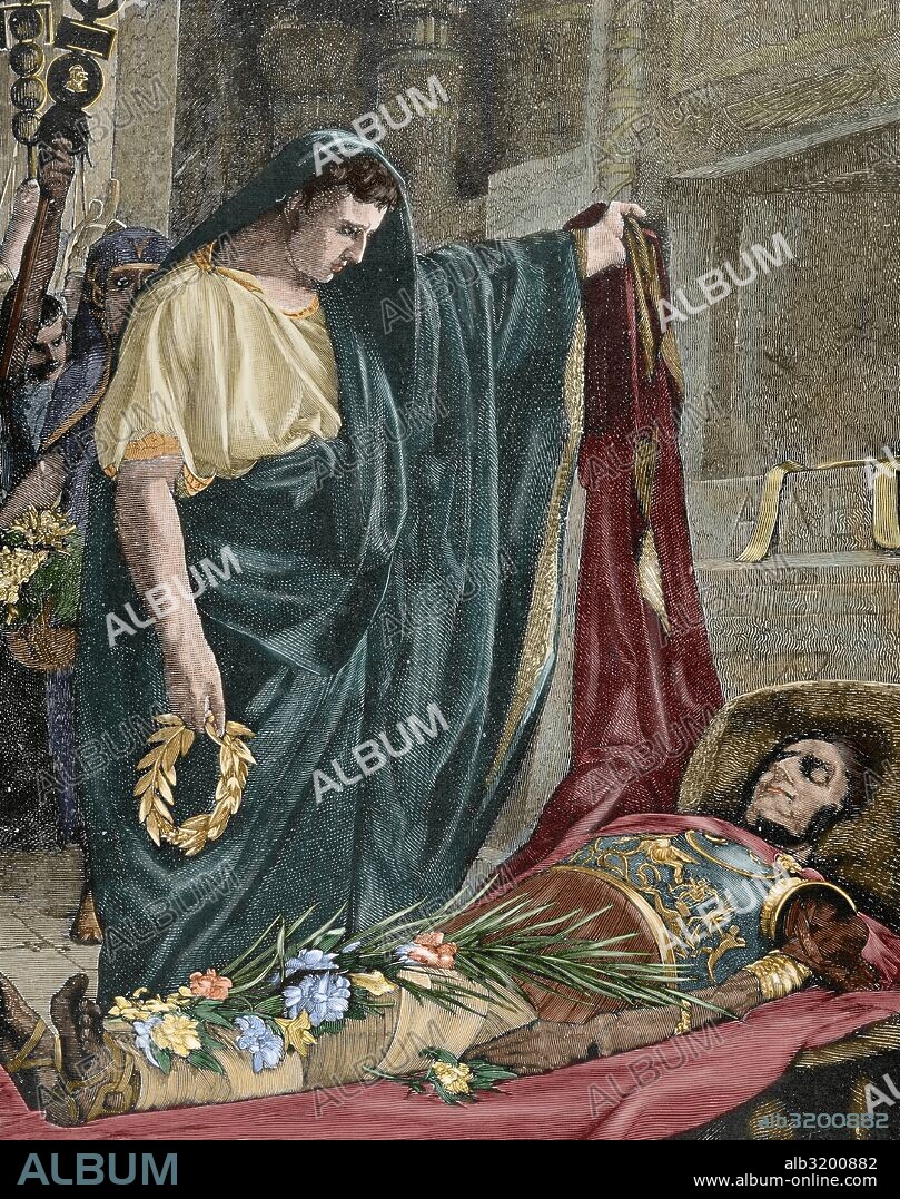 MARCO ANTONIO (Roma,83 a. C. -Alejandría,Egipto,30 a. C) ante el cadáver de JULIO CESAR (Roma,100 a. C. -Roma,44 a. C.). Grabado del siglo XIX. Coloreado.