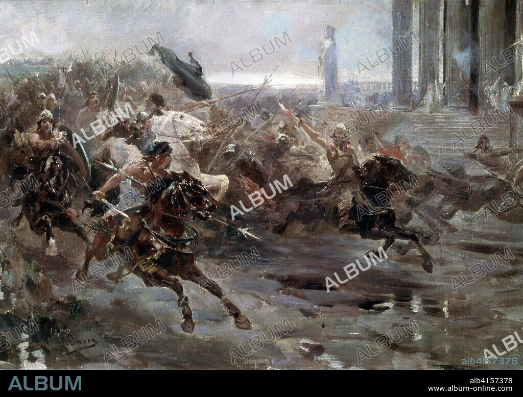 CHECA ULPIANO (1860-1916). CHECA, ULPIANO PINTOR ESPAÑOL. COLMENAR DE OREJA (MADRID) 1860-1916 " LA INVASION DE LOS BARBAROS ", OLEO 1887 IVASION ENCABEZADA POR ATILA MUSEO DEL PRADO. MADRID.