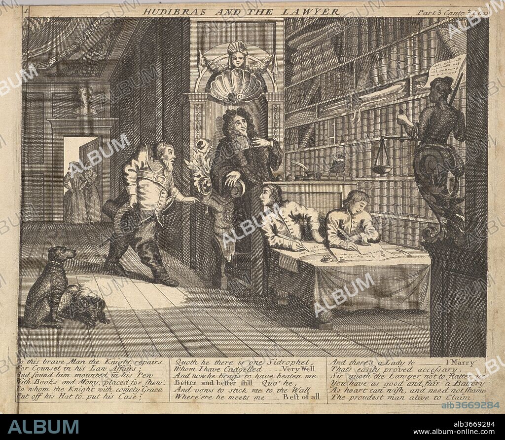 Hudibras and the Lawyer (Plate 12: Illustrations to Samuel Butler's Hudibras). Artist: After William Hogarth (British, London 1697-1764 London). Author: Illustrates Samuel Butler (British, baptized Strensham, Worcestershire 1613-1680 Covent Garden). Dimensions: Plate: 7 3/4 x 9 3/16 in. (19.7 x 23.4 cm)
Sheet: 8 1/8 x 10 15/16 in. (20.7 x 27.8 cm). Publisher: Henry Overton and J. Hoole (London). Date: 1725-30 (?).