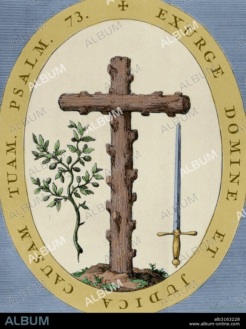 ESTANDARTE que utilizaba la INQUISICION ESPAÑOLA. Está decorado con elementos del martirio. Grabado del año 1692. Coloreado.