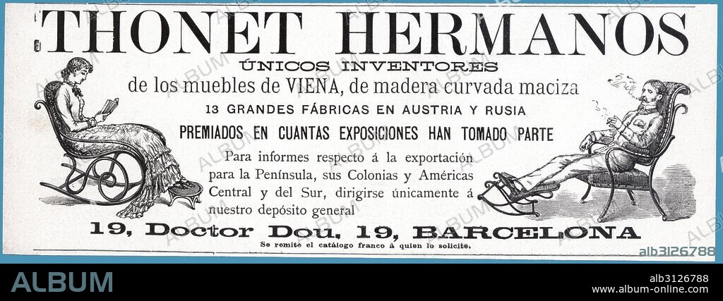 Publicidad. Muebles de madera curvada Thonet Hermanos. Barcelona, año 1889.