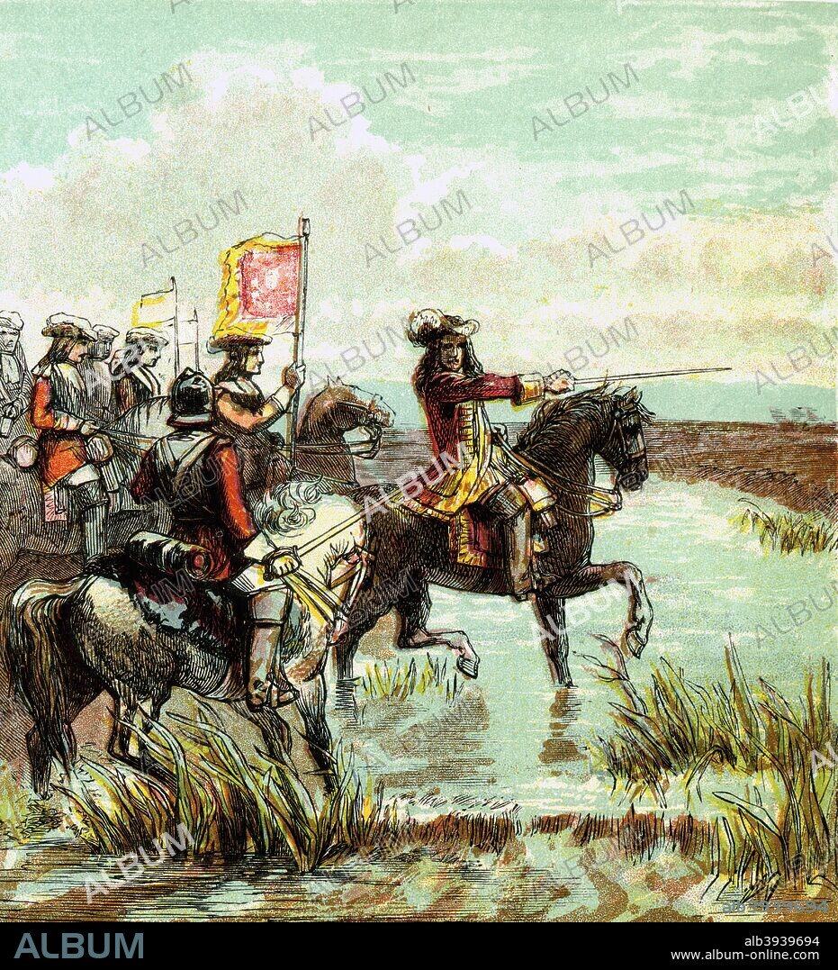 'The Battle of The Boyne, 1690', (c1850s). The Battle of the Boyne was fought in Ireland for the English, Scottish and Irish thrones. The forces of William III defeated those of the deposed James II. Colour plate taken from the book Pictures of English History, George Routledge And Sons, (London, New York, c1850).