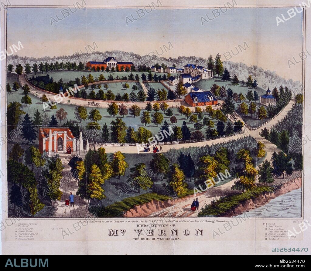 Birds eye view of Mt. Vernon the home of Washington; G. & F. Bill (Firm),; c1859.; 1 print : lithograph, hand-colored ; 34.3 x 40 cm (sheet); Print shows a bird's-eye view of George Washington's Mount Vernon estate, with house in upper right and tomb in lower left; Potomac River is visible in lower right. This is a variant impression with darker colors and different placement of some numbers, also lacks comma in title.