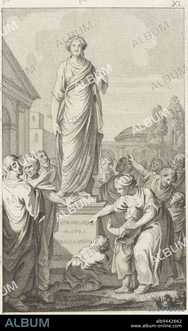 Tiberius Sempronius Gracchus III, at the request of his mother Cornelia, institutes a reform. The people are pleased and a statue is erected in her honor. On the pedestal is written: 'Cornelia, mother of the Gracians', Representation of Gracchus, print maker: Ludwig Gottlieb Portman, intermediary draughtsman: Jacobus Buys, (possibly), Amsterdam, 1797, paper, etching, h 205 mm × w 133 mm.