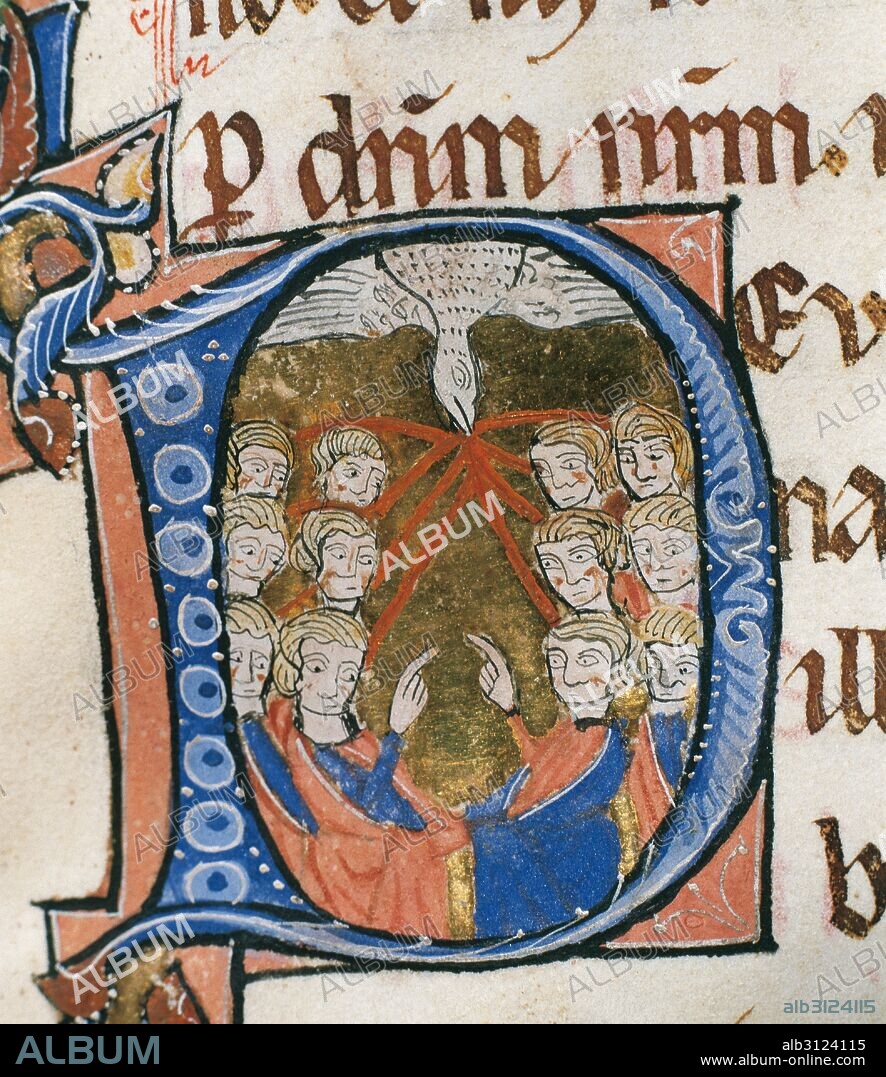 SIGLO XIII. SACRAMENTAL EPISCOPAL D'ELNA. Manuscrito en pergamino. 27 0mm x 190 mm. 96 folios. Escriptorio de la Catedral d'Elna (?). (1275-1300). Escrito en letra minúscula gótica de gran formato y rúbricas en color rojo. Detalle de la letra capitular miniada del folio 60, con la representación de "PENTECOSTES" con fondo de oro. Museu Episcopal de Vic. Provincia de Barcelona. Comarca de Osona. Cataluña.