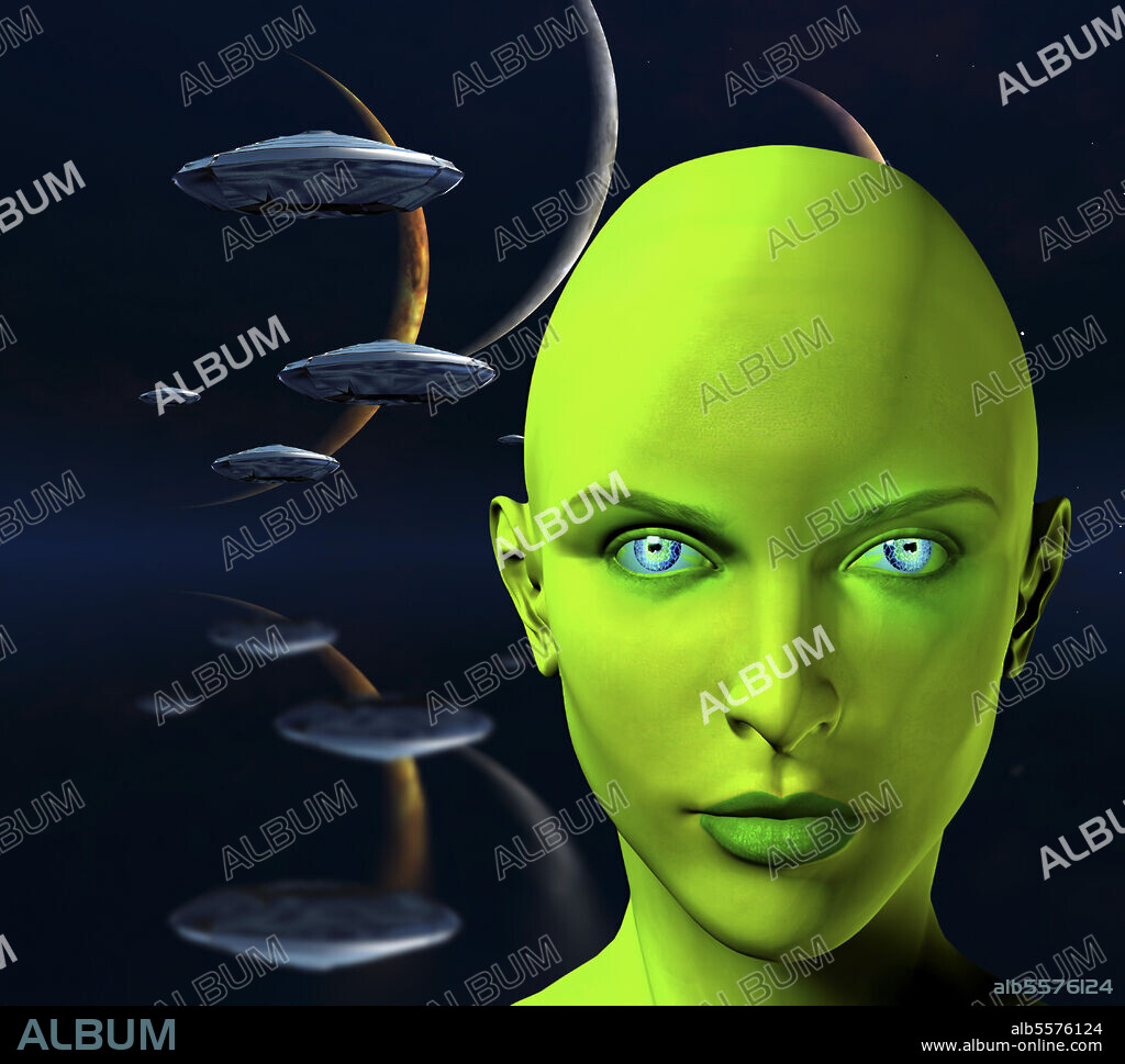 The face of female alien. Three moons and spaceships in blue deep space.