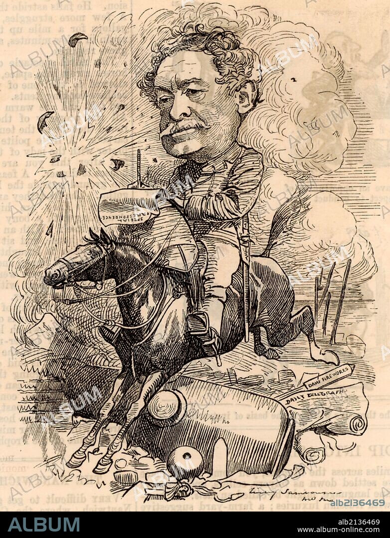 William Howard Russell (1821-1907) Irish journalist who joined the staff of "The Times" of London in 1843. Famous for his role as a war correspondent beginning with the Crimean War (1853-1856). Cartoon by Edward Linley Sambourne in the Punch's Fancy Portraits series from "Punch" (London, 8 October 1881).  (Photo by: Universal History Archive/UIG via Getty Images).
