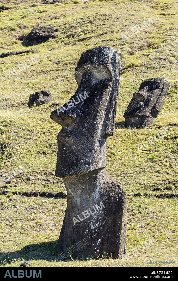 Rano Raraku, the quarry site for all moai statues on Easter Island (Isla de Pascua) (Rapa Nui), UNESCO World Heritage Site, Chile, South America.