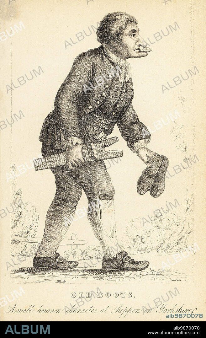 Old Boots, boot-cleaner of Ripon, Yorkshire, 1692-1762. Famous for being able to hold a coin between nose and chin. Shown holding a boot-jack and slippers. Old Boots, a well-known character at Rippon in Yorkshire. Lithograph after a stipple engraving by Robert Cooper from Henry Wilson and James Caulfields Book of Wonderful Characters, Memoirs and Anecdotes, of Remarkable and Eccentric Persons in all ages and countries, John Camden Hotten, Piccadilly, London, 1869.