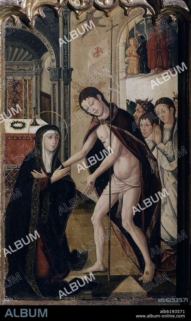 FRANCISCO DE OSONA EL JOVEN (1465-1514). DETALLE DE LA PREDELA IZQUIERDA - CRISTO RESUCITADO VISITA A SU MADRE EN COMPAÑIA DE LOS PATRIARCAS - 1505 - POLIPTICO - 96x98 cm.