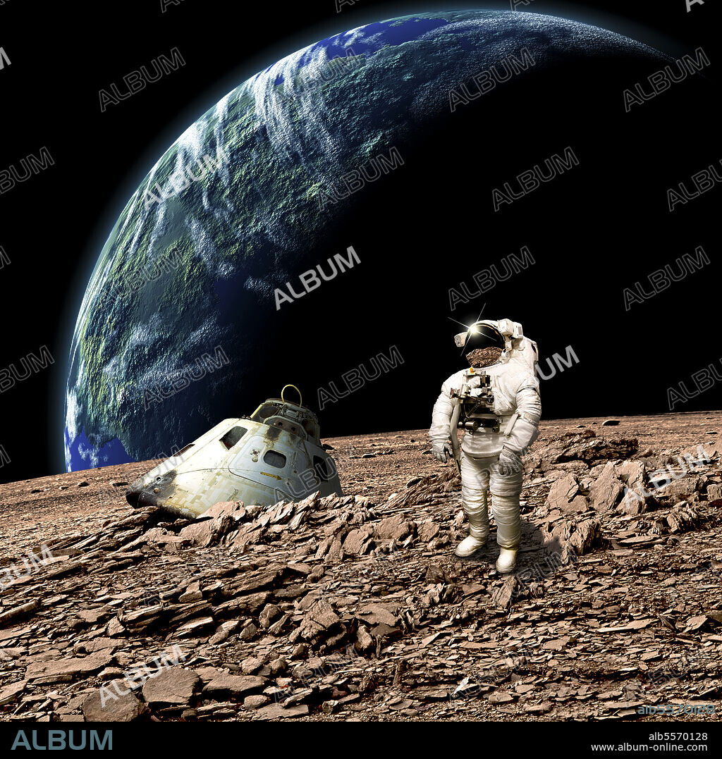 An astronaut surveys his situation after being marooned on a barren planet. An Earth-like planet shines in the background.