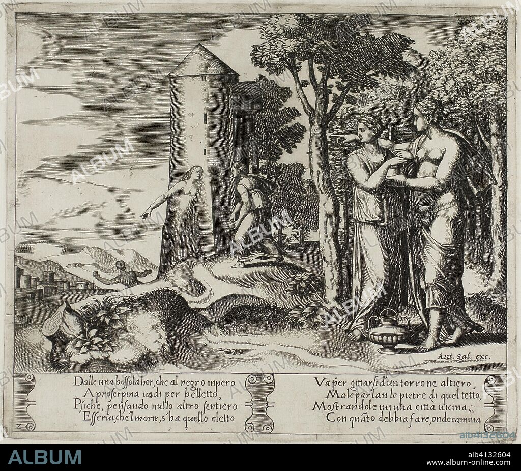 Psyche Leaves for the Underworld. Master of the Die (Italian, active c. 1530-1560); after Michiel Coxcie I (Flemish, 1499-1592); in turn, inspired by Raffaello Sanzio, called Raphael (Italian, 1483-1520). Date: 1530-1541. Dimensions: 200 x 235 mm (plate); 270 x 370 mm (sheet). Engraving in warm brown ink on cream laid paper. Origin: Italy.