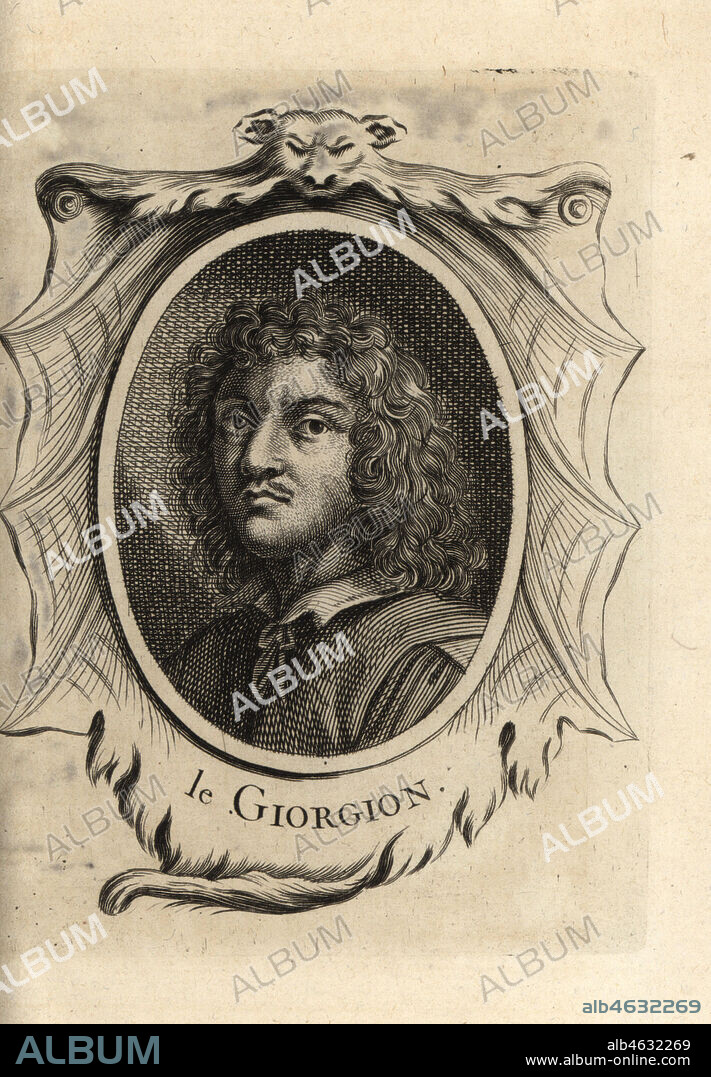 Portrait of Giorgione or Giorgio Barbarelli da Castelfranco, Italian painter of the Venetian school during the High Renaissance. Le Giorgion. Copperplate engraving after a self-portrait by Giorgione from Antoine-Joseph Dezallier dArgenvilles Abrege de la vie des plus fameux peintres, Lives of the most Famous Artists, de Bure lAine, Paris, 1762.