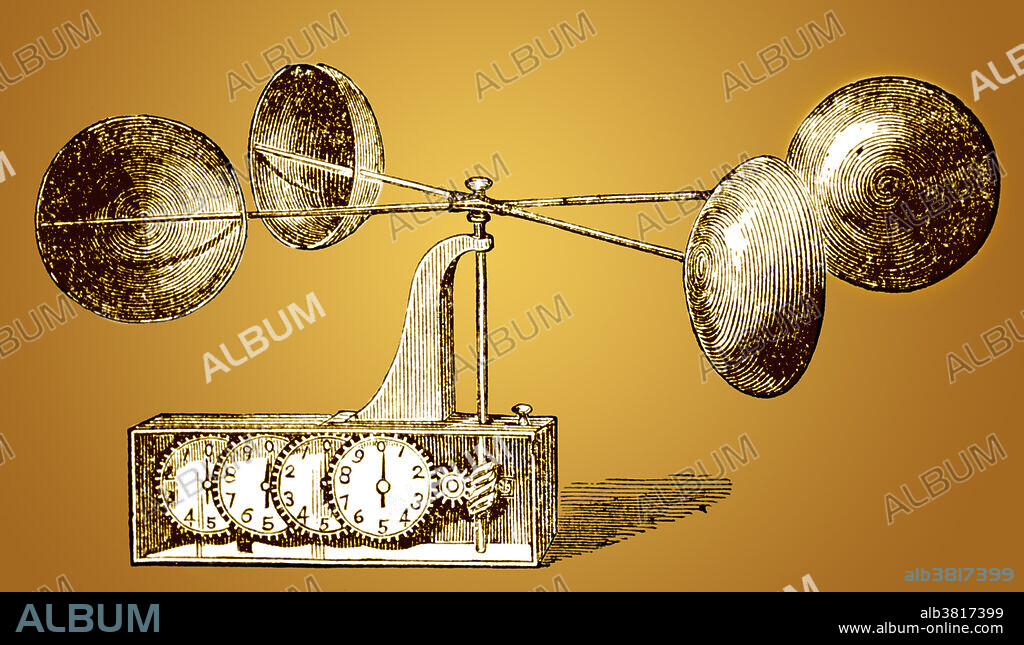 Illustration of the anemometer invented by Dr. John Thomas Romney Robinson, of Armagh Observatory, in 1846. This is a device for measuring wind speed, and is a common weather station instrument. By counting the number of rotations of the cups over a set period of time one can deduce the wind speed.