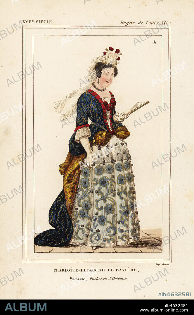 Princess Elisabeth Charlotte, Madame Palatine, second wife of Philippe, Duke of Orleans, 1652-1722. Charlotte-Elisabeth de Baviere, Duchesse d'Orleans. Handcoloured lithograph after a print by Bonnard from Le Bibliophile Jacob aka Paul Lacroix's Costumes Historiques de la France (Historical Costumes of France), Administration de Librairie, Paris, 1852.
