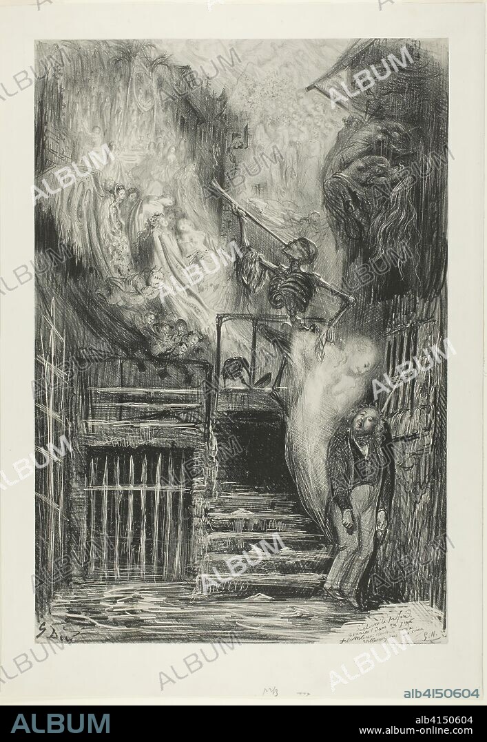 La Rue de la Vieille Lanterne: The Suicide of Gérard de Nerval. Gustave Doré; French, 1832-1883. Date: 1855. Dimensions: 502 × 343 mm (image/chine); 576 × 400 mm (sheet). Lithograph in black on light gray China paper laid down on white wove paper. Origin: France.