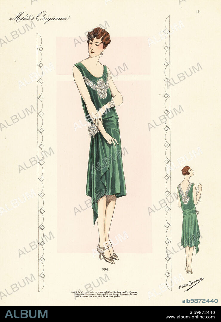 Informal evening dress of green velvet chiffon. Marcel wave hairstyle. Robe de petit soir en velours chiffon. Handcoloured lithograph from Beaux-Arts des Modes: Modeles Originaux, Hiver 1928 (Fashions of Fine Arts: Original Models, Winter 1928), Publisher Chic Parisien, Atelier Bachwitz, Paris, Volume 6, Number VII, November 1927.