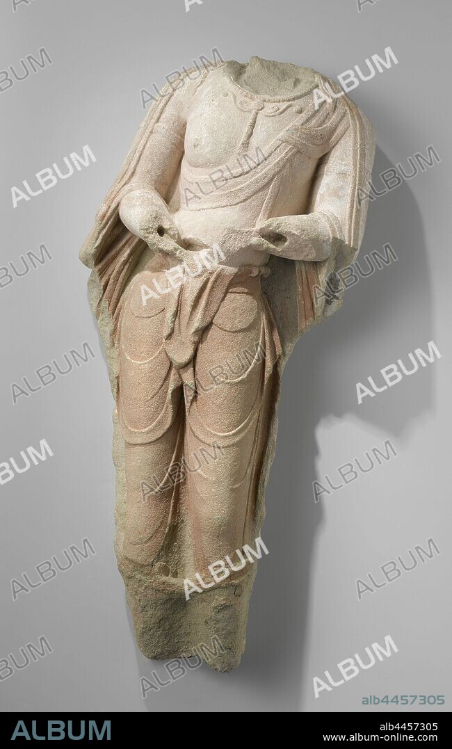 A bodhisattva, Bodhisattva from the cave temples of Tianlongshan (cave No.14), head, hands and feet are missing, traces of painting in red., anonymous, Tianlongshan, 618 - 906, Tang-dynasty (618-907), sandstone, h 95.0 cm × w 45.0 cm × d 17 cm.