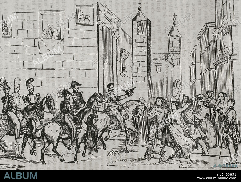 Historia de España. Primera Guerra Carlista (1833-1840). Tercer sitio de Bilbao (5 de noviembre al 25 de diciembre de 1836). Entrada del general Espartero en Bilbao. Las tropas isabelinas recuperaron la ciudad el 25 de diciembre de 1836. Grabado. Panorama Español, Crónica Contemporánea. Tomo III. Madrid, 1845.
