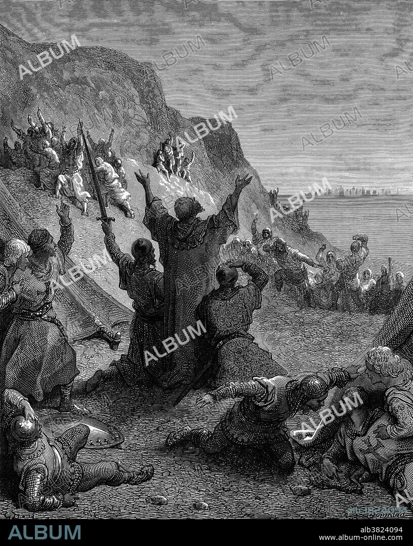 The Siege of Acre was the first significant counter attack by King Guy of Jerusalem to the losses the kingdom experienced to Saladin, leader of the Muslims in Syria and Egypt and formed part of what later became known as the Third Crusade. The seige lasted from August 1189 until July 1191, in which time the city's coastel position meant the attacking Latin force were uable to fully invest the city and Saladin was unable to fully relieve it with both sides receiving supplies and resources by sea. Finally, it was a key victory for the Crusaders and a serious setback for Saladin's ambition destroy the Crusader States. The city was known as Ptolemais during the Hellenistic and Roman-Byzantine periods. During the Crusades it was known as St. John d'Acre after the Knights Hospitaller, who had their headquarters there. Engraving by Gustave Dore.