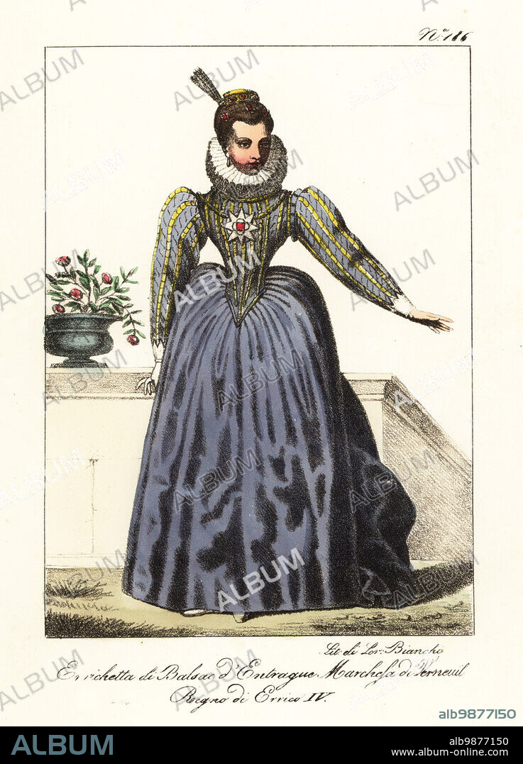 Catherine Henriette de Balzac d'Entragues, Marquise de Verneuil, 15791633, favourite mistress of King Henry IV of France after the death of Gabrielle d'Estrées in 1599. In cap, ruff collar, gown with slashed puff sleeves, tight bodice, fartingale skirt. Henriette de Balsac d'Entrague. Marquise de Verneuil. Regne de Henry IV. Handcoloured lithograph by Lorenzo Bianchi and Domenico Cuciniello after Hippolyte Lecomte from Costumi civili e militari della monarchia francese dal 1200 al 1820, Naples, 1825. Italian edition of Lecomtes Civilian and military costumes of the French monarchy from 1200 to 1820.